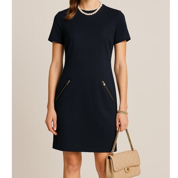 Burberry Brit Navy Leather Trim Sheath Dress Size 8 - Picture 1 of 8